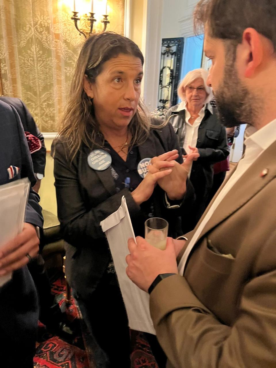 Constanza del Río, founder and president of the Nos Buscamos nonprofit, meets with Chilean President Gabriel Boric in Washington, D.C., on Saturday, Sept. 23, 2023. Del Río has been fighting to get the Chilean government to help identify thousands of babies stolen from their mothers in Chile in hopes of reconnecting them with their birth families.