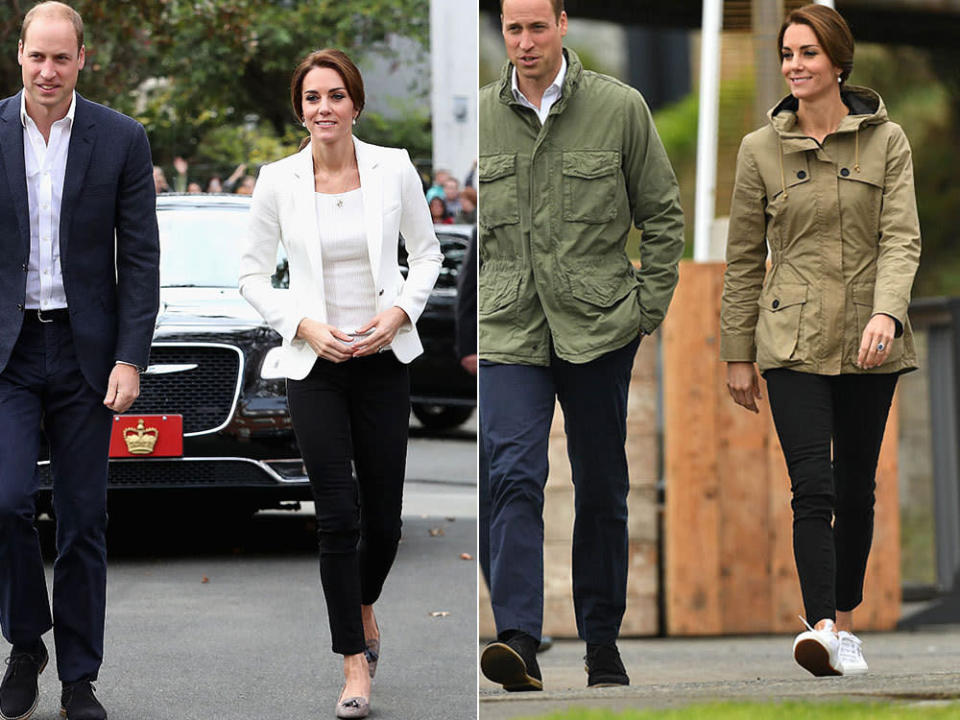 <p>For the last day of the royal tour, the Duchess wore a white Zara blazer from 2015 (approximately <b>$170</b>), cream <a href="http://www.hm.com/us/product/89338?source=ir&utm_source=ir&utm_source=ir&clickid=wLlWXkXF93-:3p6zua1LT0KkUkkyGRT9uUK8wQ0&iradid=226427&utm_content=rewardStyle-116548&utm_campaign=Online%20Tracking%20Link&iradtype=ONLINE_TRACKING_LINK&irmpname=rewardStyle&irmptype=mediapartner&utm_medium=affiliate&irgwc=1" rel="nofollow noopener" target="_blank" data-ylk="slk:H&M top" class="link rapid-noclick-resp">H&M top</a> (approximately <b>$19</b>) and J. Crew tweed pumps, costing <b>$353</b>. She wore a cute (but expensive!) <a href="http://www.asprey.com/collection/jewellery/woodland" rel="nofollow noopener" target="_blank" data-ylk="slk:charm necklace" class="link rapid-noclick-resp">charm necklace</a>, which will set you back about <b>$16,150</b>, as well as<b> $550</b> <a href="http://www.annoushka.com/us/classic-baroque-pearl-earring-drops.html?utm_source=RakutenMarketing&utm_medium=Affiliate&utm_campaign=QFGLnEolOWg&utm_content=15&utm_term=UKNetwork&siteID=QFGLnEolOWg-j8s_ZjMBn0z6zITu0WhEhw" rel="nofollow noopener" target="_blank" data-ylk="slk:pearl earrings" class="link rapid-noclick-resp">pearl earrings</a> and <b>$850</b> <a href="http://kiki.co.uk/index.php/collections/detachable-drops/kiki-classic-18ct-yellow-gold-and-diamond-hoops.html" rel="nofollow noopener" target="_blank" data-ylk="slk:gold and diamond hoop" class="link rapid-noclick-resp">gold and diamond hoop</a>s. Later in the day she switched out her white blazer for the same <b>$595</b> Troy London jacket she wore on day 7 and kept things casual with bright white <a href="https://www.shopbop.com/cotu-classic-laceup-sneaker-superga/vp/v=1/845524441911384.htm?extid=affprg_CJ_SB_US-7114868-Skimlinks&cvosrc=affiliate.cj.7114868" rel="nofollow noopener" target="_blank" data-ylk="slk:Superga sneakers" class="link rapid-noclick-resp">Superga sneakers</a>, which retail for <b>$85</b>. <i>(Photo: Getty Images)</i><br></p>