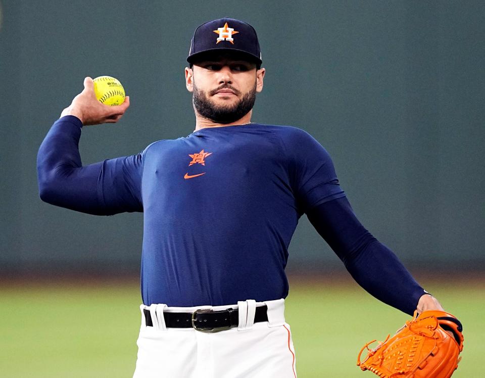 Houston Astros pitcher Lance McCullers Jr. throws during batting practice before a recent game against the Los Angeles Angels in Houston.