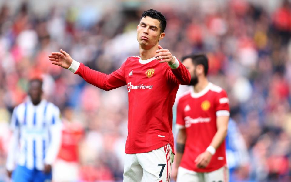 Cristiano Ronaldo of Manchester United shows his frustration as his side slump to a 4-0 defeat at Brighton - Manchester United via Getty Images