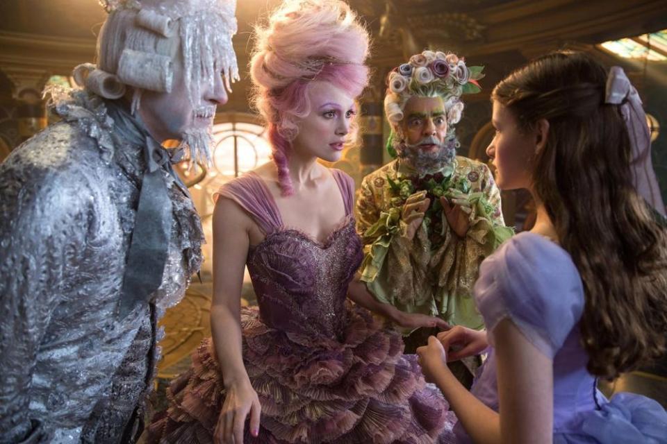Knightley as the Sugar Plum Fairy and Derbez as Hawthorn talking to Clara (Foy).