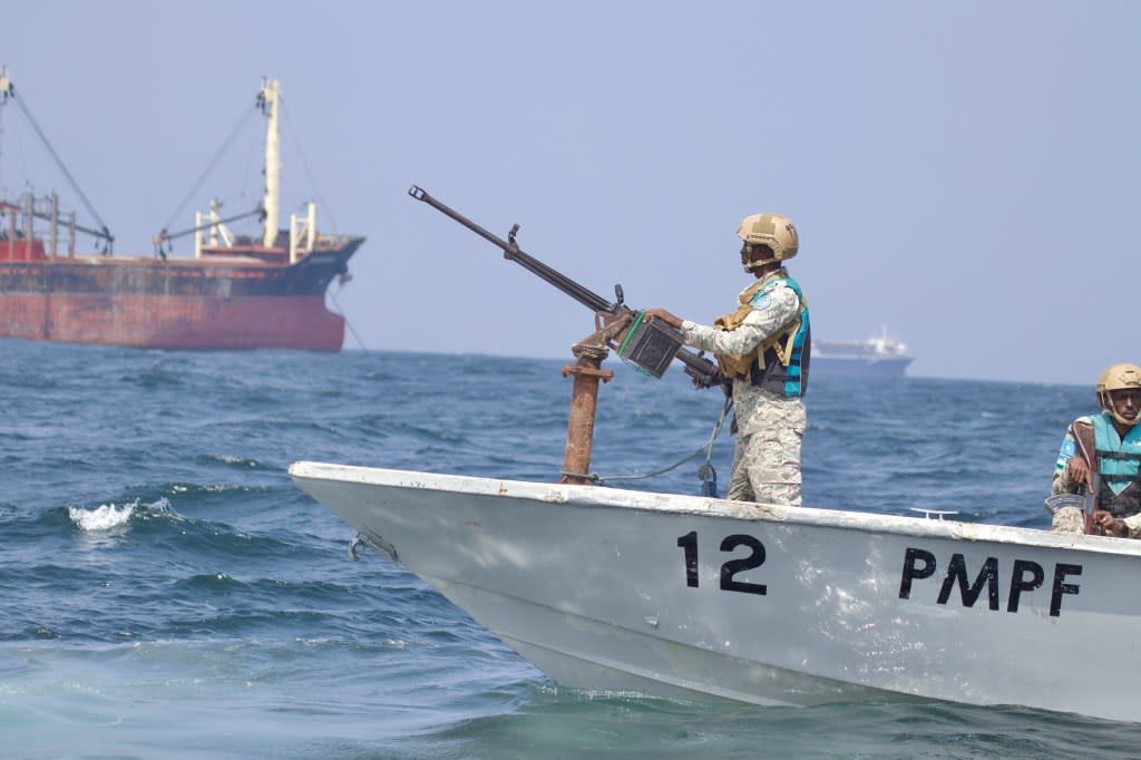 Somalia maritime police from PMPF patrol in the Gulf of Aden off the coast of semi-autonomous Puntland State in Somalia, Sunday, Nov. 26, 2023. Somalia’s maritime police force on Thursday, Nov. 30 intensified patrols in the Red Sea following a failed pirate hijacking of a ship in the Gulf of Aden earlier this week. (AP Photo/Jackson Njehia)