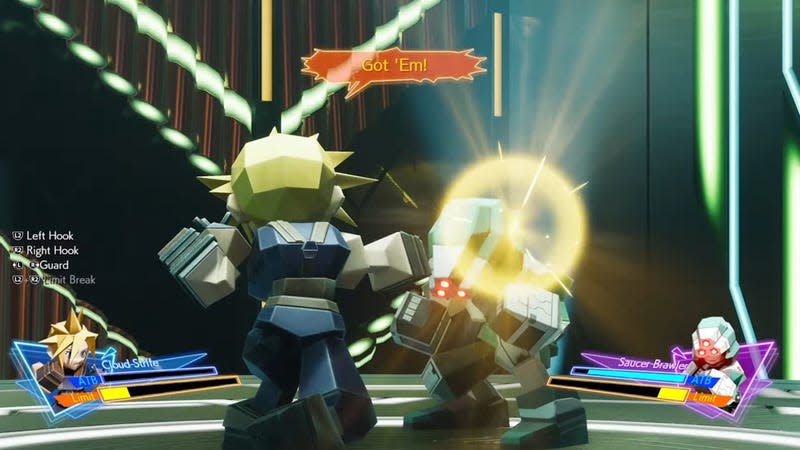 A blocky Cloud punches a blocky Shinra trooper.