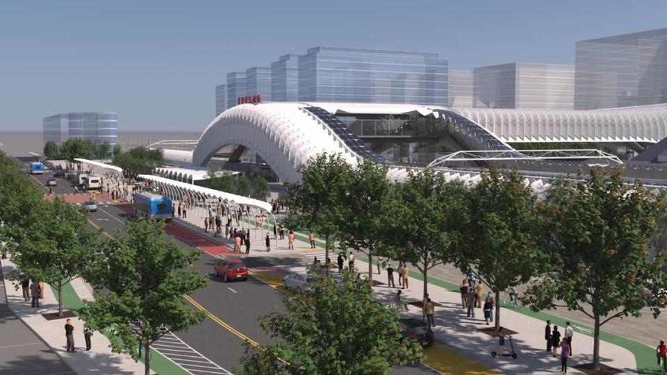 An artist’s rendering depicts one possible concept for a high-speed rail station in downtown Fresno near the Union Pacific Railroad tracks.
