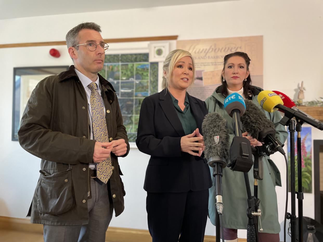 Agriculture, Environment and Rural Affairs Minister Andrew Muir, First Minister Michelle O’Neill and deputy First Minister Emma Little-Pengelly speak to the media following a meeting with the Lough Neagh Partnership at the Lock Keepers Cottage in Toome (Rebecca Black/PA)