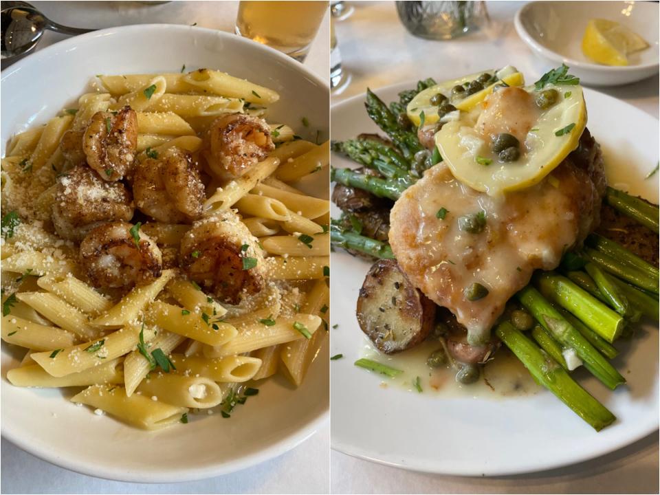 Side by side of a penne pasta bowl with pieces of blackened and seasoned shrimp on top and green garnishes. A plate of half cut roasted potatoes and asparagus topped with chicken, lemon slices, and capers.