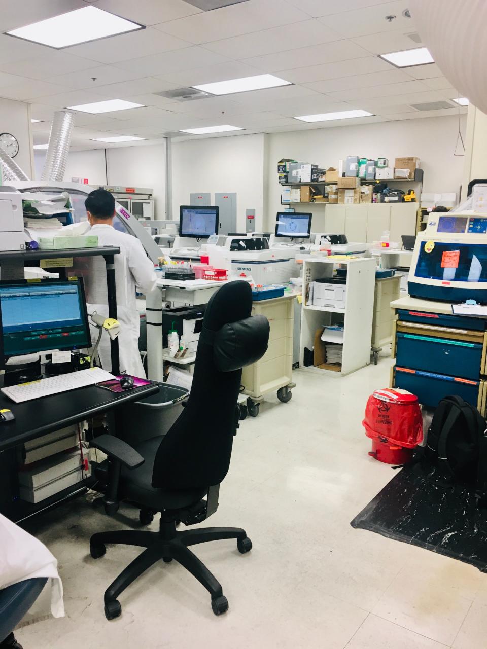 One of the clinical chemistry and toxicology laboratories at Zuckerberg San Francisco General Hospital overseen by Alan Wu, professor of laboratory medicine at the University of California, San Francisco. The lab is testing possible coronavirus blood antibody tests.