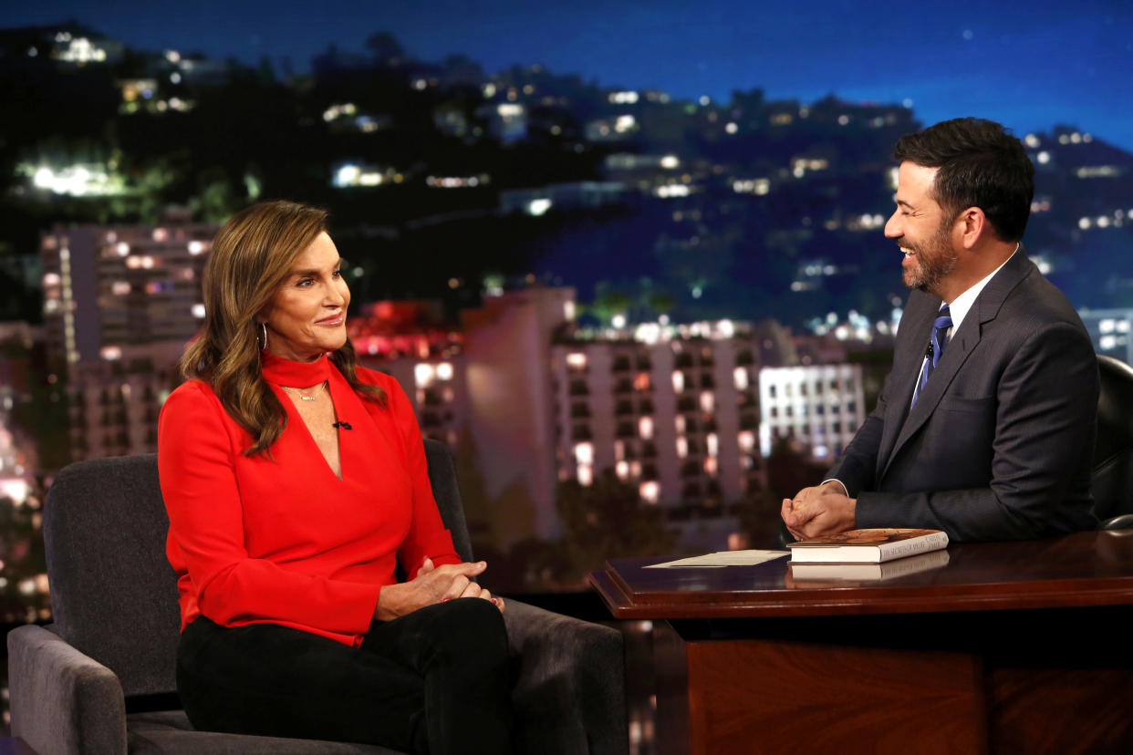 Jimmy Kimmel (R) slammed California governor hopeful Caitlyn Jenner for her comments on the homeless population. The two are pictured together in 2017. (Photo: Getty Images)