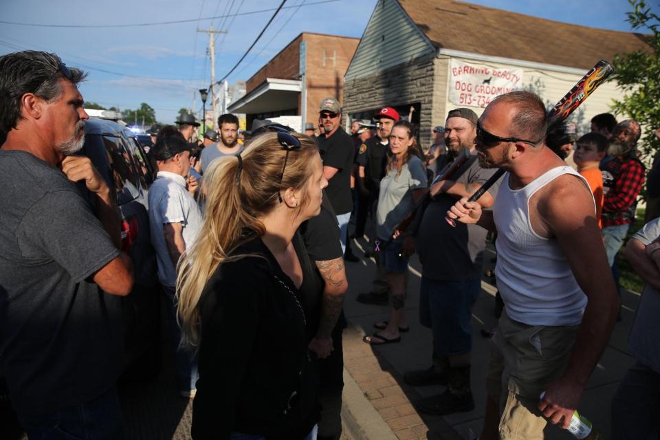 Counterprotesters confront demonstrators June 15 in Bethel, Ohio.