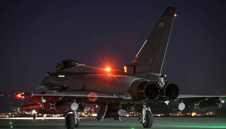 A Royal Air Force Typhoon aircraft is prepared to conduct further strikes against Houthi targets, 24 February 2024 (Reuters)