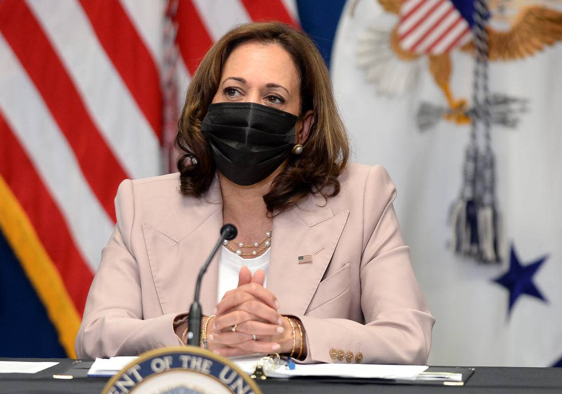 Vice President Kamala Harris listens to speakers during a round table on the need to protect reproductive rights at the Carole A. Hoefener Community Services Center on Thursday, July 21, 2022 in Charlotte, NC. Harris had earlier spoke about the importance of the Affordable Connectivity Program (ACP).