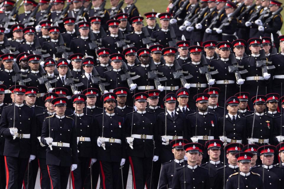 Graduating cadets are seen prior to inspection by Britain's King Charles III on April 14, 2023.