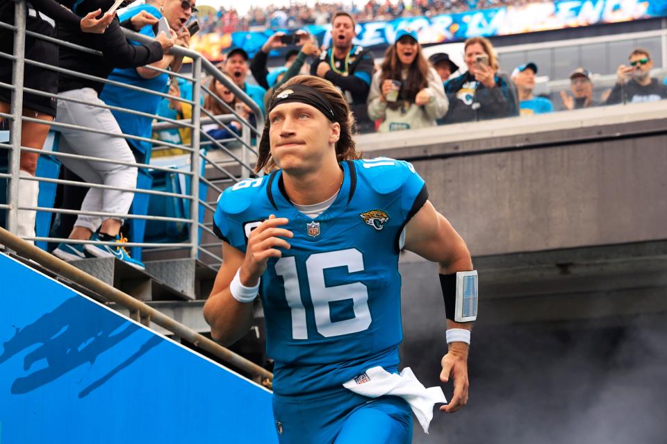 Jacksonville Jaguars quarterback Trevor Lawrence (16) takes to the field before an NFL football game Sunday, Nov. 12, 2023 at EverBank Stadium in Jacksonville, Fla. The San Francisco 49ers defeated the Jacksonville Jaguars 34-3. [Corey Perrine/Florida Times-Union]