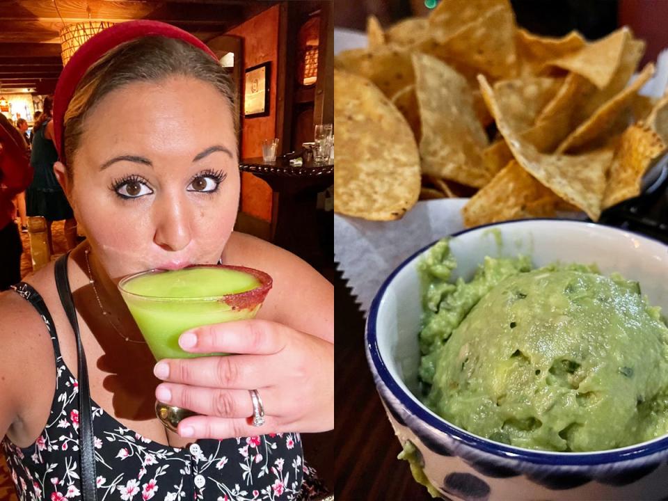 Author drinking cocktail, tortilla chips and guacamole.