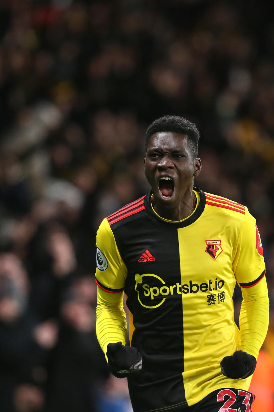 WATFORD, ENGLAND - FEBRUARY 29: Ismaila Sarr of Watford celebrates scoring the opening goal during the Premier League match between Watford FC and Liverpool FC at Vicarage Road on February 29, 2020 in Watford, United Kingdom. (Photo by Charlotte Wilson/Offside/Offside via Getty Images)