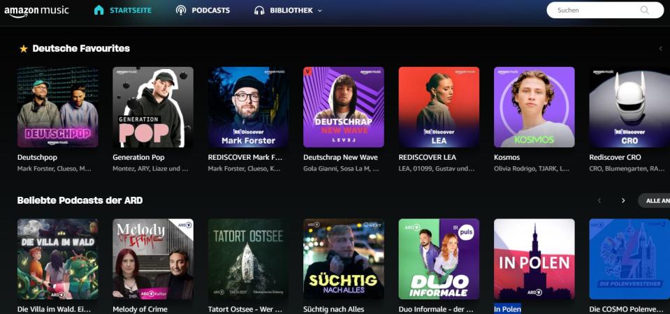 Bei Amazon Music Unlimited gibt es nicht nur über 100 Millionen Songs, sondern auch jede Menge Podcasts. (Screenshot: Amazon)