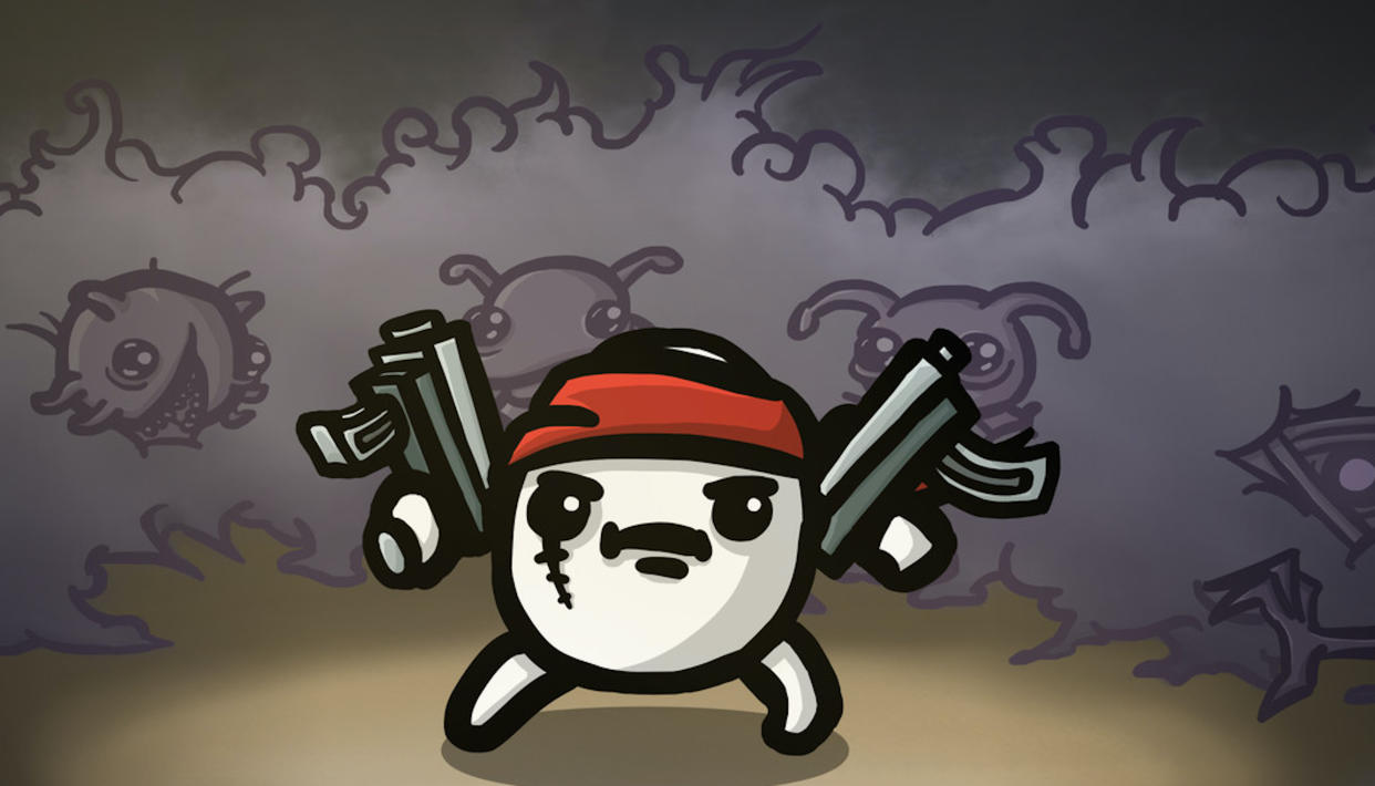  A red-bandana potato wielding two SMG is ready for battle in key art from Brotato 