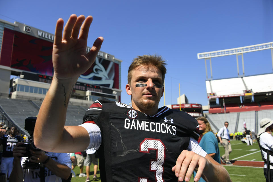 South Carolina quarterback Ryan Hilinski waves to fans after an NCAA college football game against Charleston Southern, Saturday, Sept. 7, 2019, in Columbia, S.C. South Carolina won 72-10. (AP Photo/John Amis)