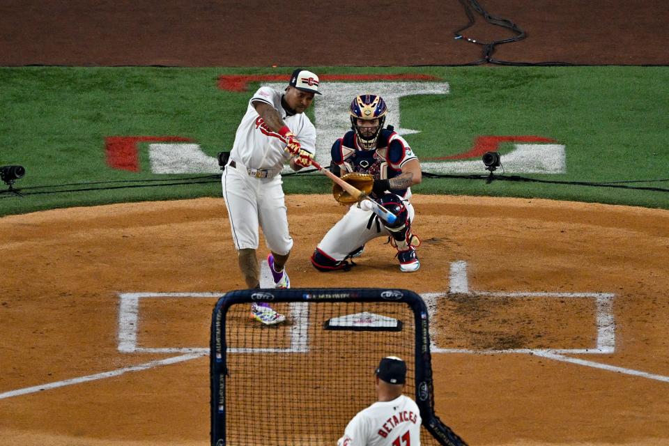 Jose Ramirez of the Cleveland Guardians bats during the MLB Home Run Derby, July 15, 2024, in Arlington, Texas.