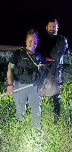 PHOTO: Police and animal control officers in Edwardsville, Kansas, worked together with the Bonner Springs Police Department on Wednesday, June 28, 2023, to rescue an injured kangaroo off the side of a major highway. (Facebook / Edwardsville Police Department)