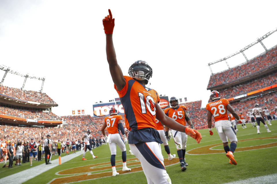 Denver Broncos wide receiver Emmanuel Sanders (10) celebrates his touchdown against the Chicago Bears during the second half of an NFL football game, Sunday, Sept. 15, 2019, in Denver. (AP Photo/David Zalubowski)