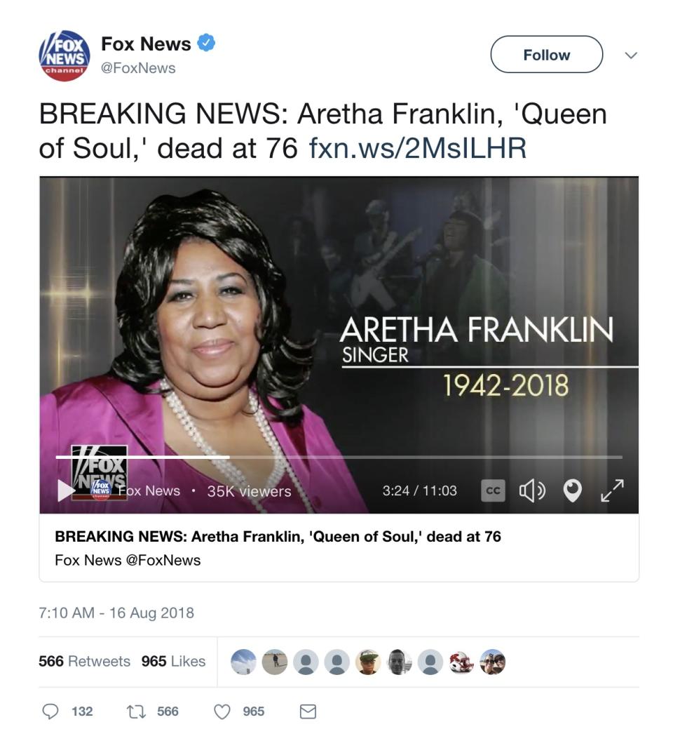 Fox News makes error in Aretha Franklin tribute. (Photo: Twitter)