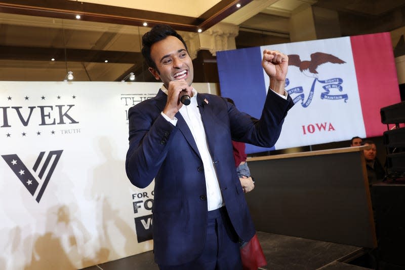 DES MOINES, IOWA - JANUARY 15: Republican presidential candidate Vivek Ramaswamy speaks at his caucus night event at the Surety Hotel on January 15, 2024 in Des Moines, Iowa. Iowans voted today in the state’s caucuses for the first contest in the 2024 Republican presidential nominating process. Ramaswamy announced he was dropping out of the race. 