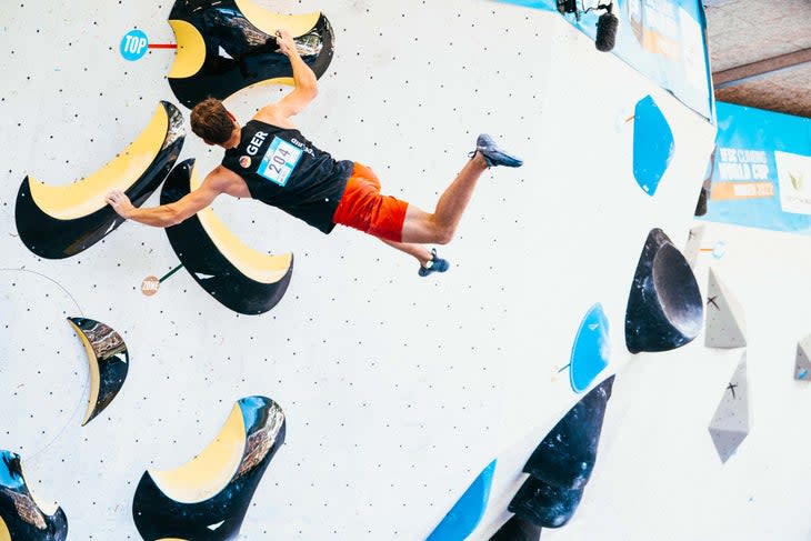 <span class="article__caption">Yannick</span> Flohe (GER) took gold in mens Boulder; no Team USA men’s advanced in the highly competitive field. (Photo: Lena Drapella/IFSC)