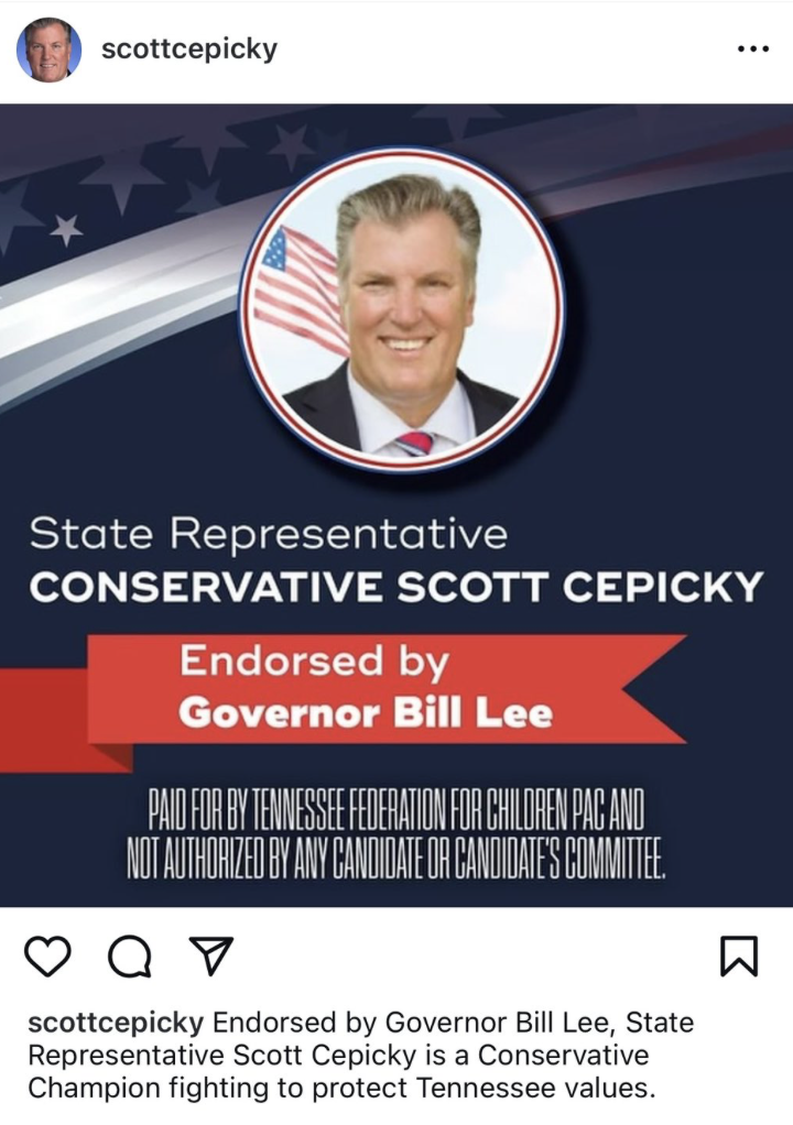 Rep. Scott Cepicky, a Culleoka Republican, posted a message from PAC that is endorsing him on his Instagram page. 