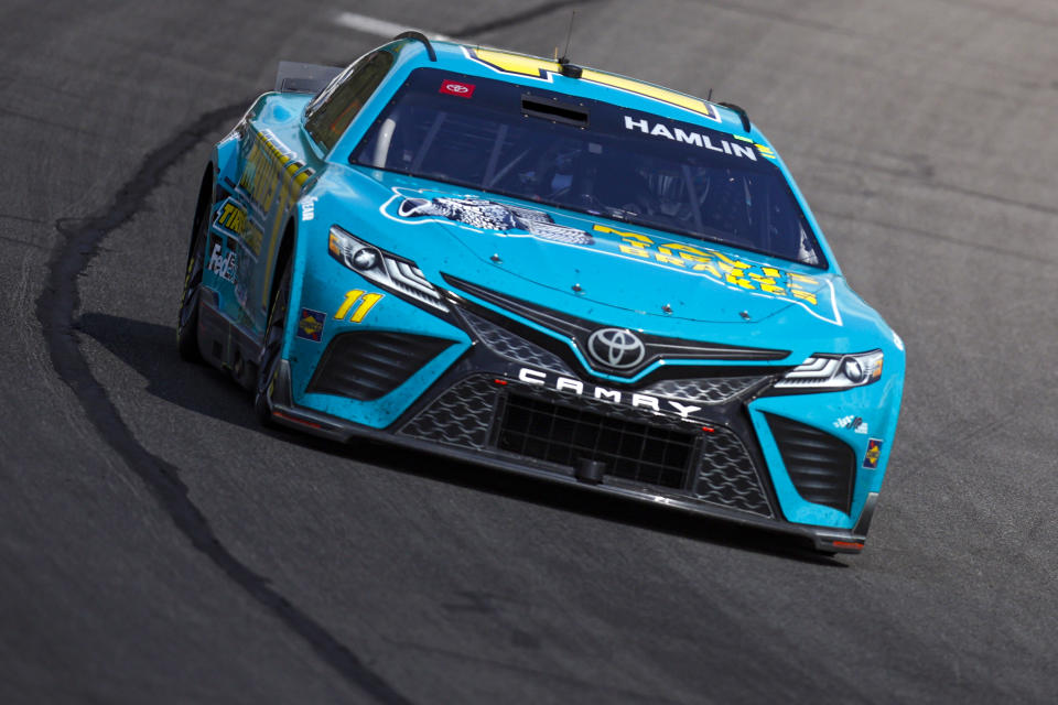 LONG POND, PENNSYLVANIA - JULY 23: Denny Hamlin, driver of the #11 Mavis Tires & Brakes Toyota, drives during the NASCAR Cup Series HighPoint.com 400 at Pocono Raceway on July 23, 2023 in Long Pond, Pennsylvania. (Photo by Sean Gardner/Getty Images)