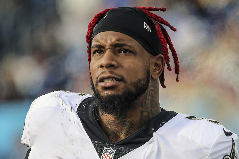 FILE - New Orleans Saints linebacker Kwon Alexander (5) looks up at the video board near the end of an NFL football game against the Tennessee Titans in Nashville, Tenn., Sunday, Nov. 14, 2021. Kwon Alexander is reuniting with Robert Saleh and adding a veteran presence to the New York Jets' linebacker corps. The 27-year-old Alexander signed a one-year deal with the Jets on Friday, July 29, 2022, a move that came after the team worked him out during the offseason. (AP Photo/Gary McCullough, File)