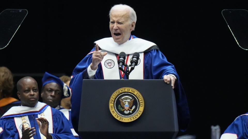 President Joe Biden speaks at Howard University's commencement in Washington, Saturday, May 13, 2023. During his speech, Biden claimed that white supremacy was the “most dangerous terrorist threat to our homeland.