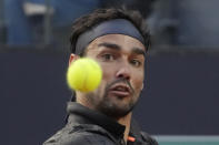 Italy's Fabio Fognini returns the ball to Britain's Andy Murray during their match at the Italian Open tennis tournament, in Rome, Wednesday, May 10, 2023. (AP Photo/Gregorio Borgia)