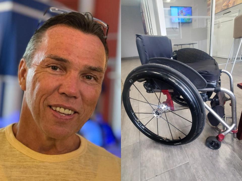 Composite image of Tim Klely and his wheelchair