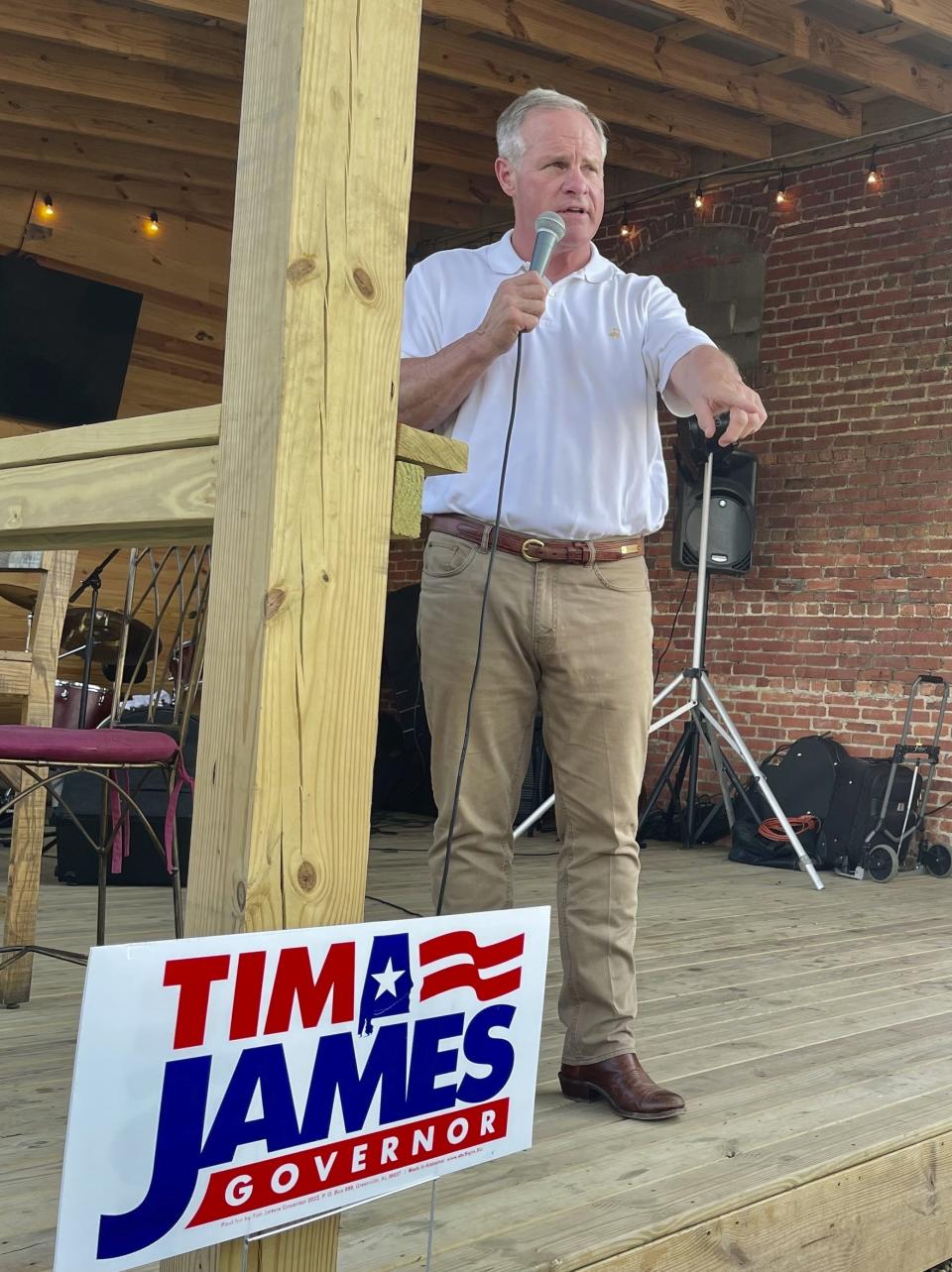 FILE - Alabama Republican gubernatorial candidate Tim James speaks to a crowd in Pike Road, Ala., on May 16, 2022. James is part of a crowded field challenging Alabama Gov. Kay Ivey in the May 24, 2022, Republican primary. (AP Photo/Kim Chandler, File)