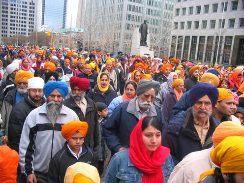 <span class="caption">Sikhs in the diaspora. </span> <span class="attribution"><a class="link " href="https://en.wikipedia.org/wiki/Sikh#/media/File:Sikhs_on_the_move!.jpg" rel="nofollow noopener" target="_blank" data-ylk="slk:Kensplanet via Wikimedia Commons;elm:context_link;itc:0;sec:content-canvas">Kensplanet via Wikimedia Commons</a>, <a class="link " href="http://creativecommons.org/licenses/by/4.0/" rel="nofollow noopener" target="_blank" data-ylk="slk:CC BY;elm:context_link;itc:0;sec:content-canvas">CC BY</a></span>