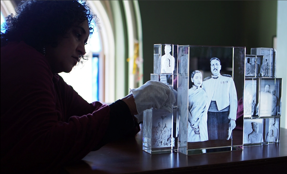 Artist Annu Palakunnathu Matthew working with 3D crystals for "The Unremembered: Stories of the Indian Soldiers from World War II," her exhibition at the Newport Art Museum in 2021.