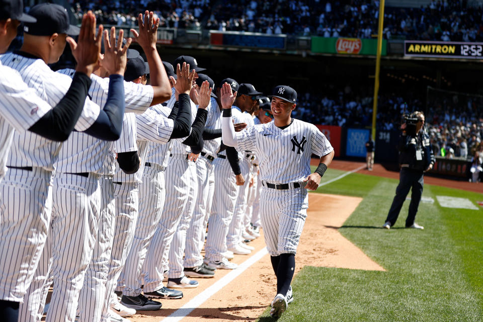 Anthony Volpe of the New York Yankees is introduced before their game against the San Francisco Giants on Opening Day at Yankee Stadium, March 30, 2023.