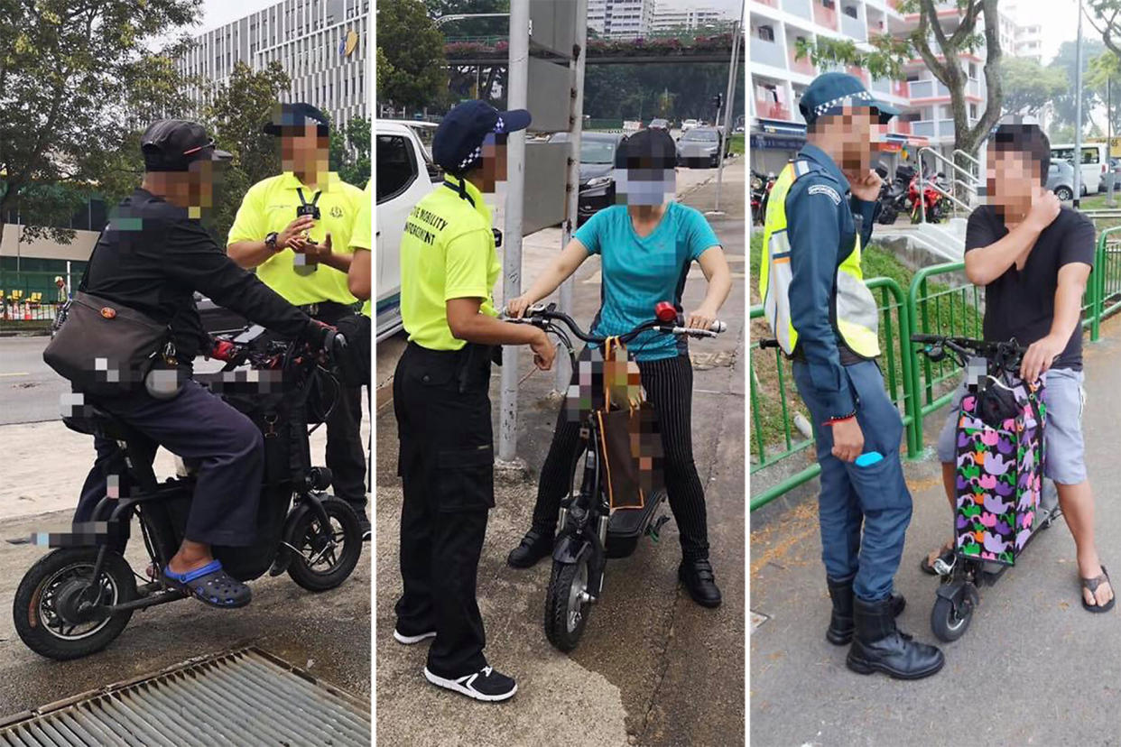 Officers from the LTA's Active Mobility Enforcement unit issuing warnings to e-scoooter riders found using their devices along footpaths on Tuesday (5 November). (PHOTOS: Land Transport Authority / Facebook)