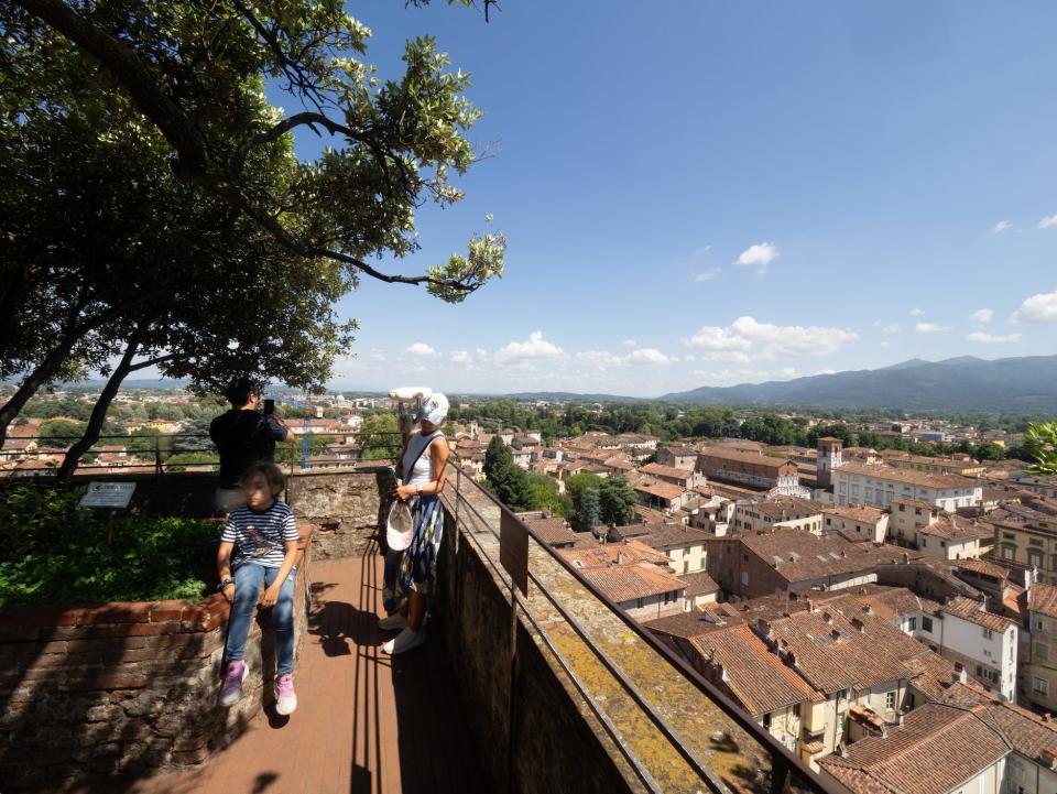 Visitors at the top of the Guinigi Tower in Lucca, Italy, look out on the houses below.