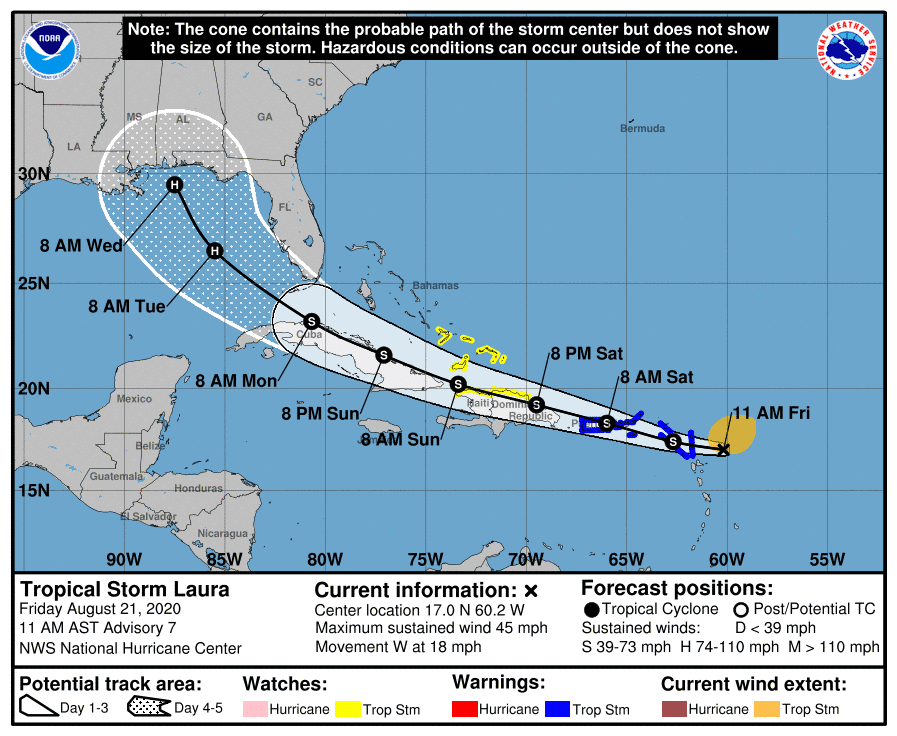 The forecast track of Tropical Storm Laura.