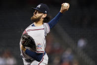 Atlanta Braves starting pitcher Ian Anderson throws against the Arizona Diamondbacks during the first inning of a baseball game, Wednesday, Sept. 22, 2021, in Phoenix. (AP Photo/Matt York)