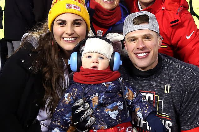 <p>Jamie Squire/Getty</p> Harrison Butker, Isabelle Butker, and their baby after the Chiefs defeated the Tennessee Titans in the AFC Championship Game on January 19, 2020 in Kansas City, Missouri.
