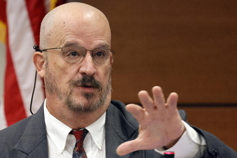 Broward Sheriff's Office Detective John Curcio testifies during the trial of former Marjory Stoneman Douglas High School School Resource Officer Scot Peterson at the Broward County Courthouse in Fort Lauderdale, Fla., on Wednesday, June 21, 2023. Broward County prosecutors charged Peterson, a former Broward Sheriff's Office deputy, with criminal charges for failing to enter the 1200 Building at the school and confront the shooter. (Amy Beth Bennett/South Florida Sun-Sentinel via AP, Pool)