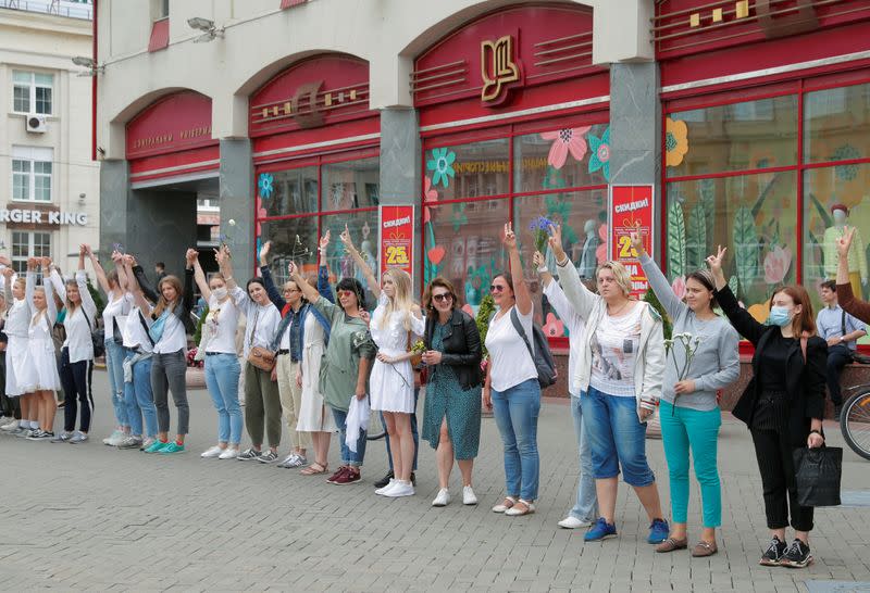 Women take part in a demonstration against police violence in Minsk