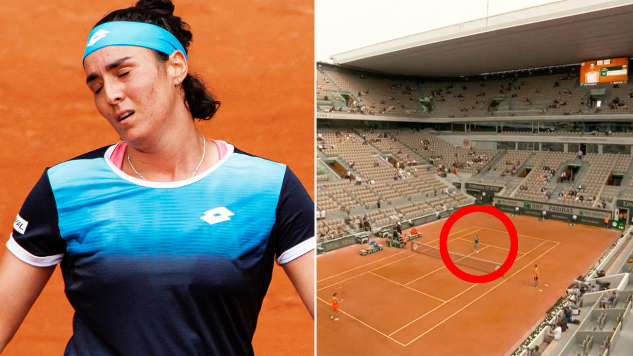 World No.6 Ons Jabeur crashed out in a shock first round loss at the French Open in front of a largely empty centre court crowd. Pic: Getty/Eurosport