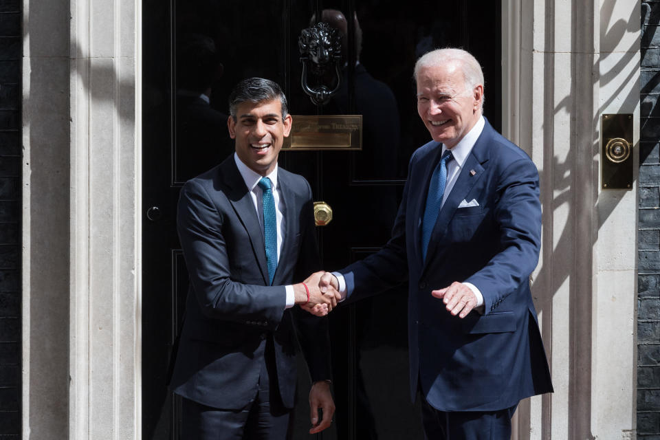 British Prime Minister Rishi Sunak welcomes President Joe Biden outside 10 Downing Street ahead of their bilateral meeting in London on July 10, 2023.  / Credit: Wiktor Szymanowicz/Future Publishing via Getty Images