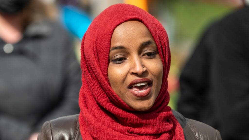 Minnesota Rep. Ilhan Omar (above) speaks during an April press conference in Brooklyn Center, Minnesota at a memorial for Daunte Wright, who was shot and killed by Brooklyn Center police officer Kim Potter during a traffic stop. (Photo by Stephen Maturen/Getty Images)