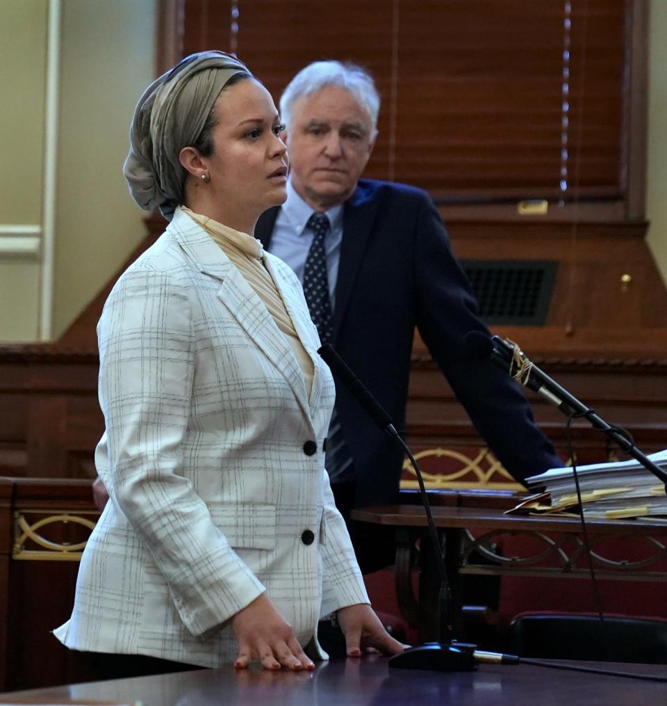 Natacha Legein makes a victim-impact statement during the sentencing of George Rodriguez and Jacob Gardner on Monday.