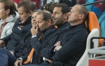 Bondscoach Danny Blind (C) of the Netherlands reacts after losing the match to Czech Republic during their Euro 2016 group A qualifying soccer match in Amsterdam, Netherlands October 13, 2015. REUTERS/Toussaint Kluiters/United Photos